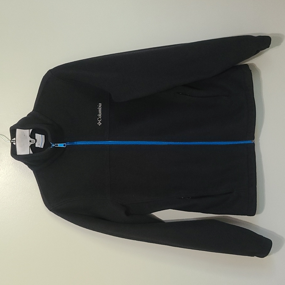 Columbia Black Fleece Jacket with Blue Zipper , adult size small, unisex